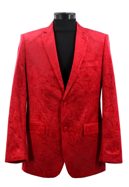A Bassiri Blazer J1044-Red in a red paisley pattern, shown front view on a mannequin with a black shirt, features two buttons and two front pockets.
