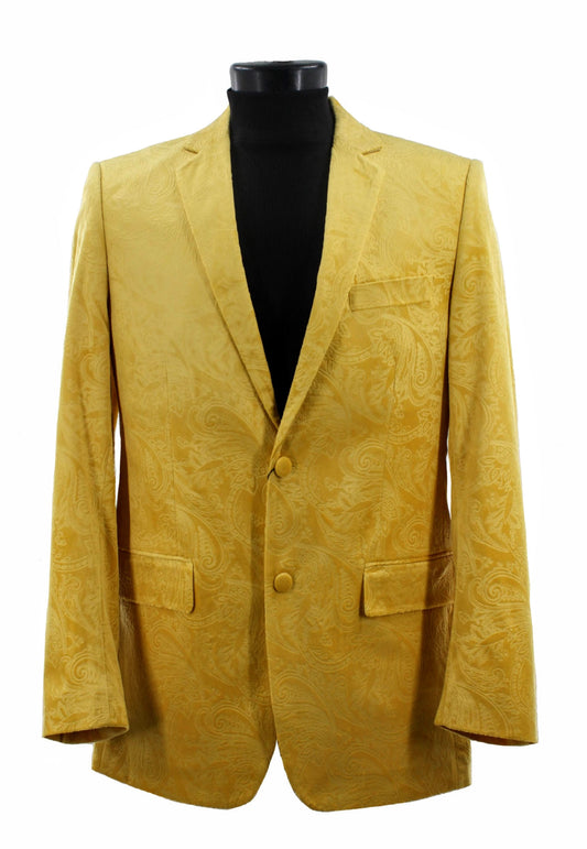 The Bassiri Blazer J1044-Yellow features a gold paisley pattern, two buttons, two front pockets, and a notched lapel, shown on a black mannequin torso. Brand: Bassiri.