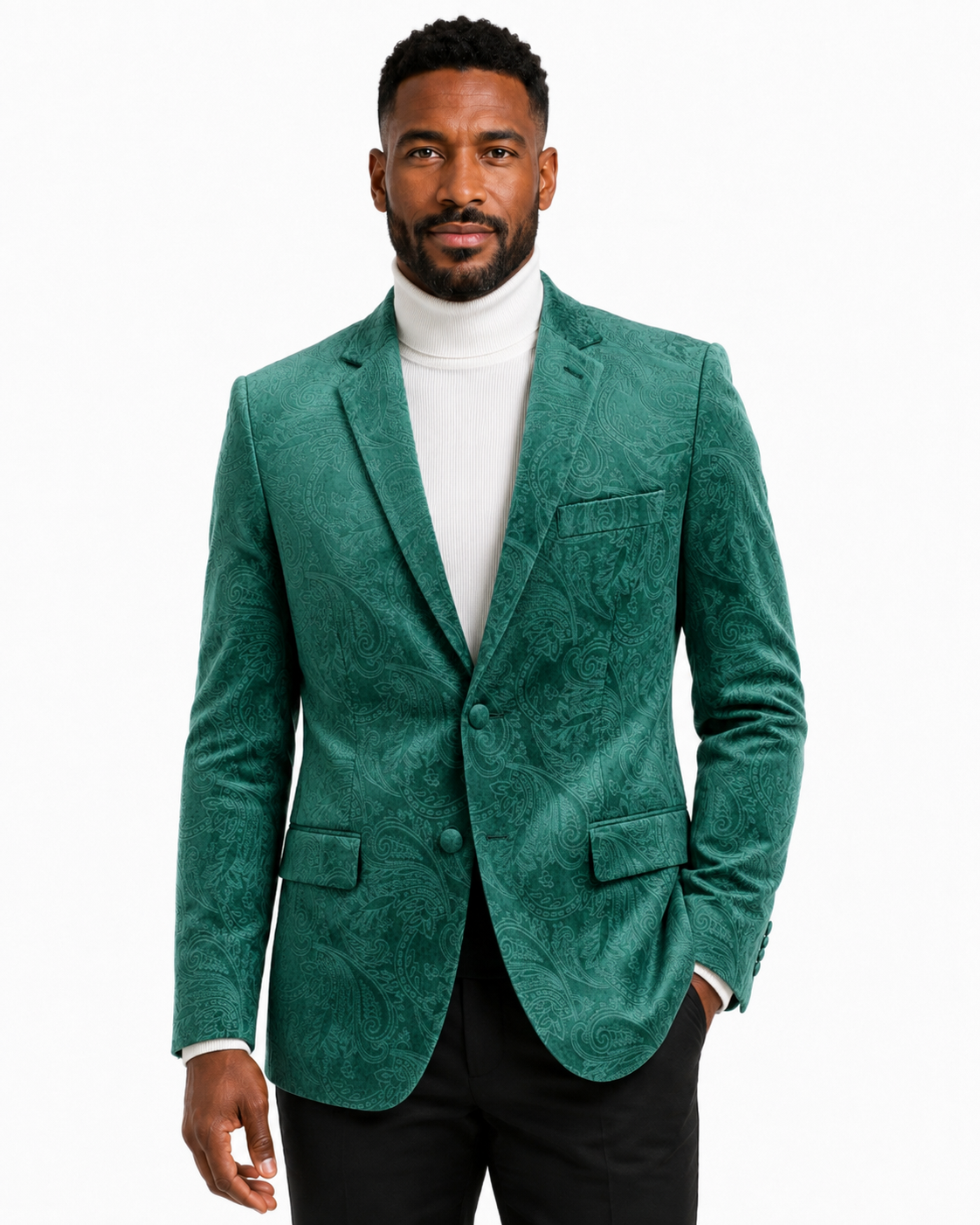 Bassiri Blazer J1044-Hunter Green by Bassiri, showcasing a stylish paisley pattern with notch lapels, two-button closure, and three front pockets; presented on a mannequin paired with a white turtleneck.