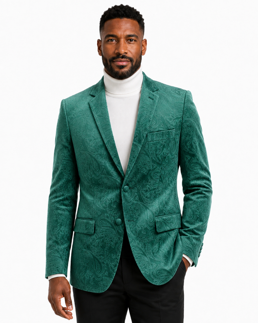 Bassiri Blazer J1044-Hunter Green by Bassiri, showcasing a stylish paisley pattern with notch lapels, two-button closure, and three front pockets; presented on a mannequin paired with a white turtleneck.