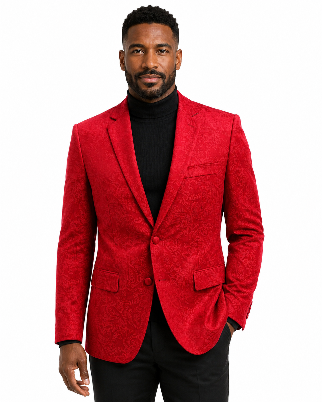 A Bassiri Blazer J1044-Red in a red paisley pattern, shown front view on a mannequin with a black shirt, features two buttons and two front pockets.
