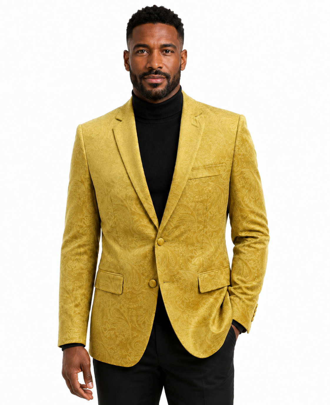 The Bassiri Blazer J1044-Yellow features a gold paisley pattern, two buttons, two front pockets, and a notched lapel, shown on a black mannequin torso. Brand: Bassiri.