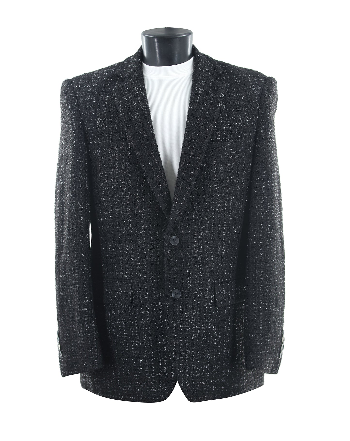 The Bassiri Blazer J1045-Black features classic tweed, a notched lapel, two buttons, and front pockets—shown here over a white shirt—making it an ideal addition to any men's blazer collection.