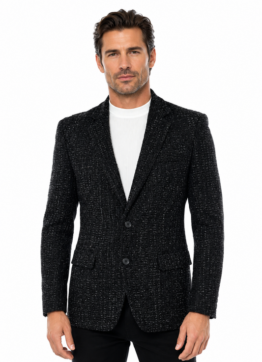 The Bassiri Blazer J1045-Black features classic tweed, a notched lapel, two buttons, and front pockets—shown here over a white shirt—making it an ideal addition to any men's blazer collection.