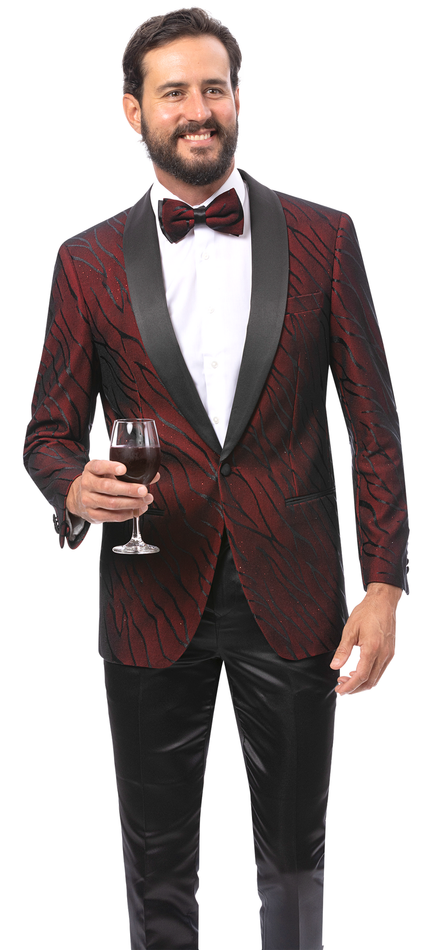 A man smiles against a plain background, holding a glass of red wine and wearing the EJ Samuel Wine Blazer J202 with a matching bowtie by EJ SAMUEL.
