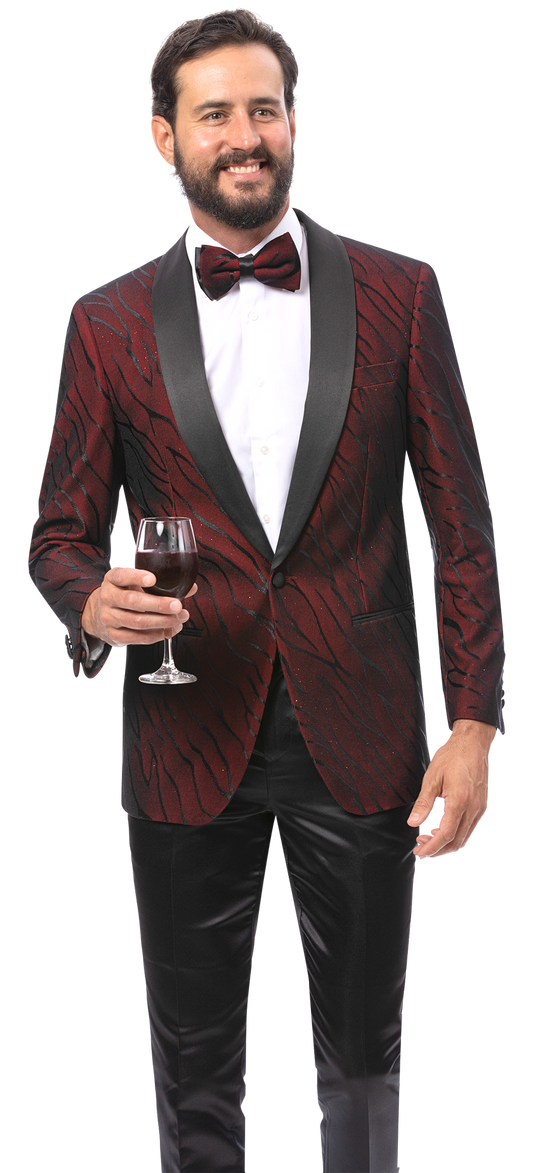 A man smiles against a plain background, holding a glass of red wine and wearing the EJ Samuel Wine Blazer J202 with a matching bowtie by EJ SAMUEL.