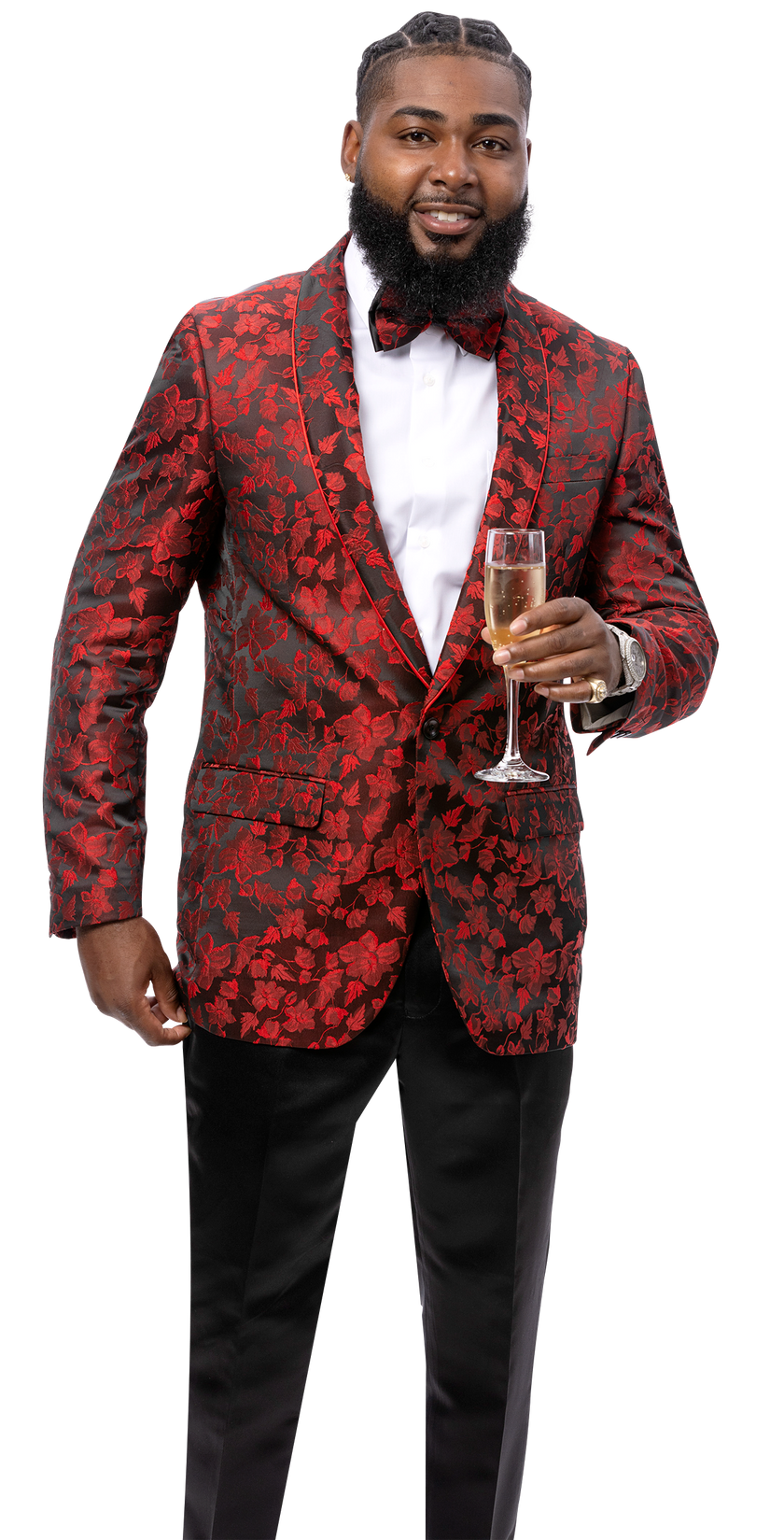 A man smiles against a plain background, wearing the EJ SAMUEL Red/Blk Blazer J204 over a crisp white shirt and bowtie, holding a glass of champagne.