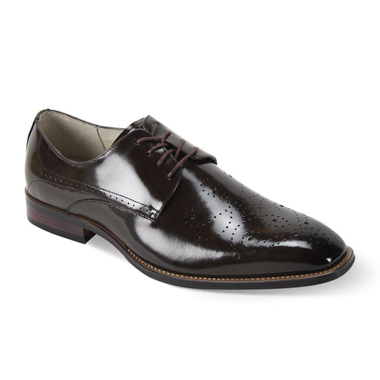 Introducing the Giovanni Joel shoes from GIOVANNI: elegant chocolate brown leather shoes featuring a decorative medallion and contrasting brown stitching adorning the vamp.