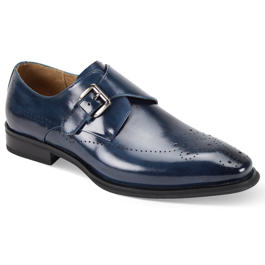Giovanni Jeffery Blue Leather Shoes by GIOVANNI, featuring a monk strap and detailed medallion toe perforations.