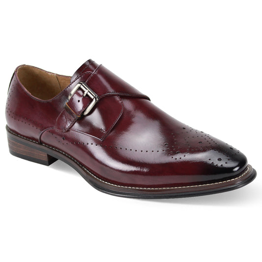 The Giovanni Jeffery Burgundy Leather Shoes by GIOVANNI showcase a refined monk strap and sophisticated perforated medallion toe detailing.
