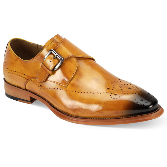 The Giovanni Jeffery Scotch Leather Shoes by GIOVANNI are a stylish brogue in brown leather, featuring a monk strap and decorative perforations on the medallion toe.