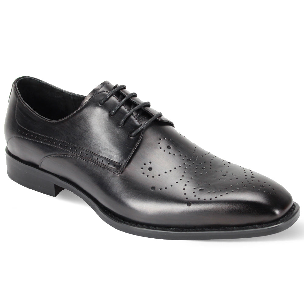 The Giovanni Joel Black Leather Shoes by GIOVANNI boast a classic vamp with decorative perforations, a lace-up closure, and are elegantly accented with a medallion.