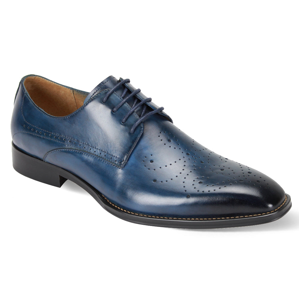 Giovanni Joel Blue Leather Shoe by GIOVANNI, featuring decorative perforations on the medallion and a sleek black sole.
