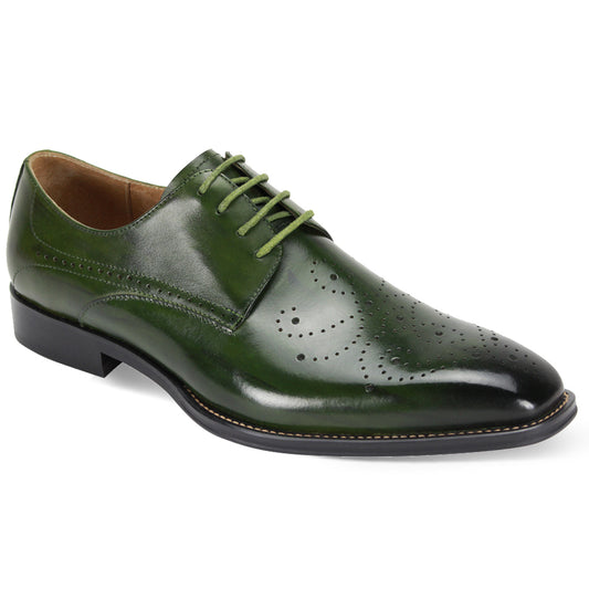 Introducing the GIOVANNI Giovanni Joel Green Leather Shoes, an elegant green leather oxford brogue with medallion perforated detailing and a lace-up design.