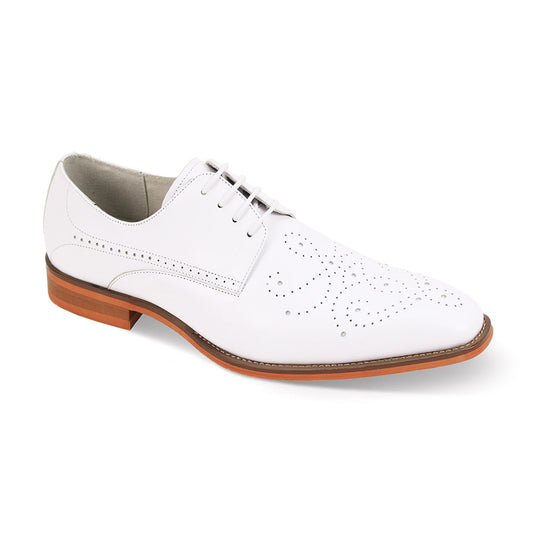 The Giovanni Joel White Leather Shoes by GIOVANNI are white leather oxfords featuring a brown sole, decorative perforations, a medallion toe, and a classic lace-up design.