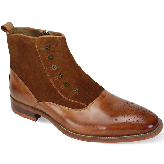 Giovanni Kendrick shoes by GIOVANNI feature a tan leather and suede design with decorative perforations, button details, a low heel, an inside zipper, and a rounded plain toe.