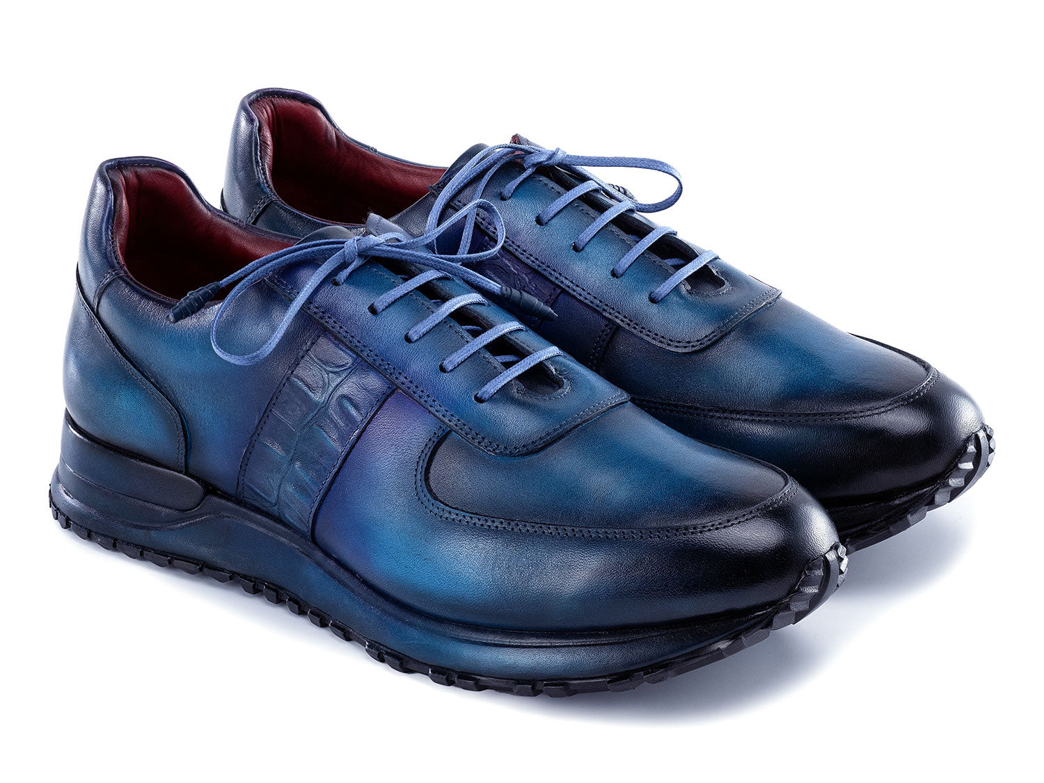 Paul Parkman Men's Turquoise & Purple Patina Sneakers (LP207TQP)—A pair of luxury leather sneakers with a hand-painted turquoise and purple finish, light blue laces, and stylish craftsmanship, set against a white background.