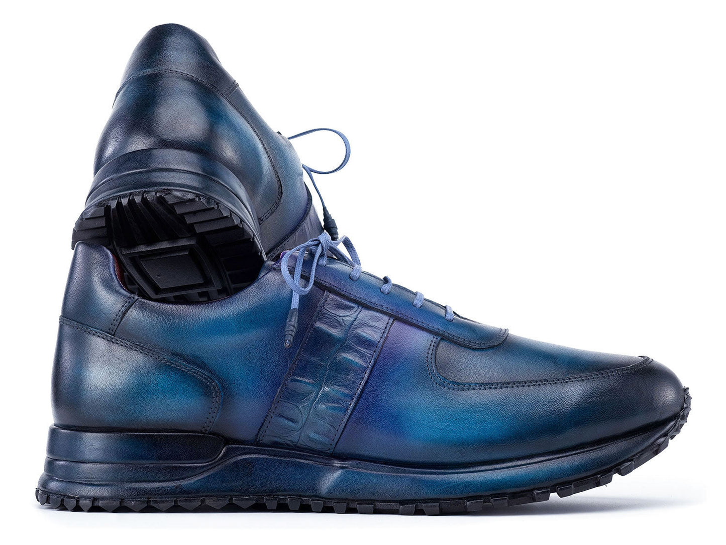 Paul Parkman Men's Turquoise & Purple Patina Sneakers (LP207TQP)—A pair of luxury leather sneakers with a hand-painted turquoise and purple finish, light blue laces, and stylish craftsmanship, set against a white background.