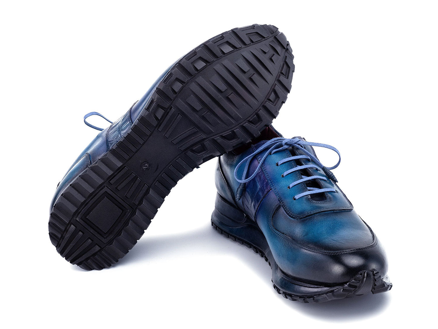 Paul Parkman Men's Turquoise & Purple Patina Sneakers (LP207TQP)—A pair of luxury leather sneakers with a hand-painted turquoise and purple finish, light blue laces, and stylish craftsmanship, set against a white background.