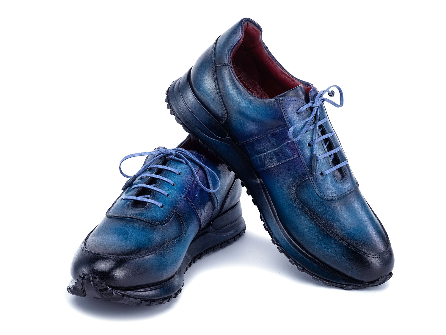 Paul Parkman Men's Turquoise & Purple Patina Sneakers (LP207TQP)—A pair of luxury leather sneakers with a hand-painted turquoise and purple finish, light blue laces, and stylish craftsmanship, set against a white background.