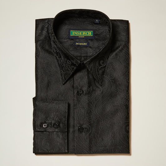 The Inserch Long Sleeve Paisley Jacquard Shirt LS005-01 Black features a refined black paisley pattern, a regular fit, and subtle branding—ideal for stylish occasions.