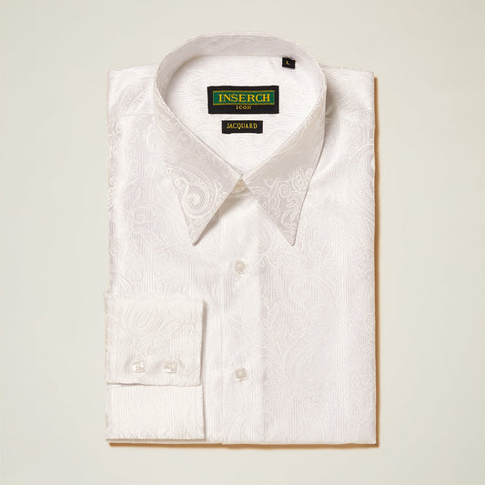 The Inserch Long Sleeve Paisley Jacquard Shirt LS005-02 in white, neatly folded with long sleeves and featuring the Inserch label, is displayed against a plain background.