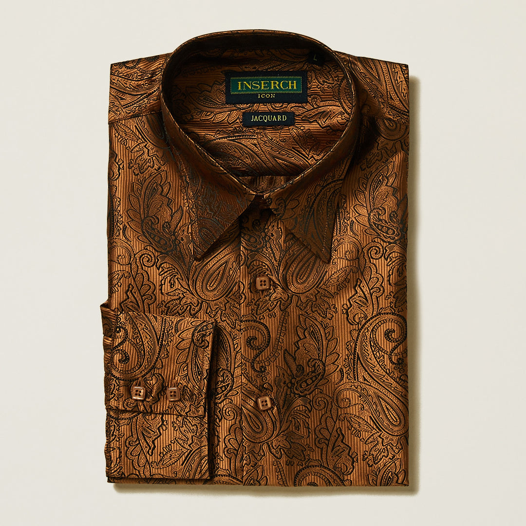 The Inserch Long Sleeve Paisley Jacquard Shirt LS005-05 in caramel features a pointed collar, buttoned cuffs, and brand label inside the collar, offering timeless style in a classic regular fit.