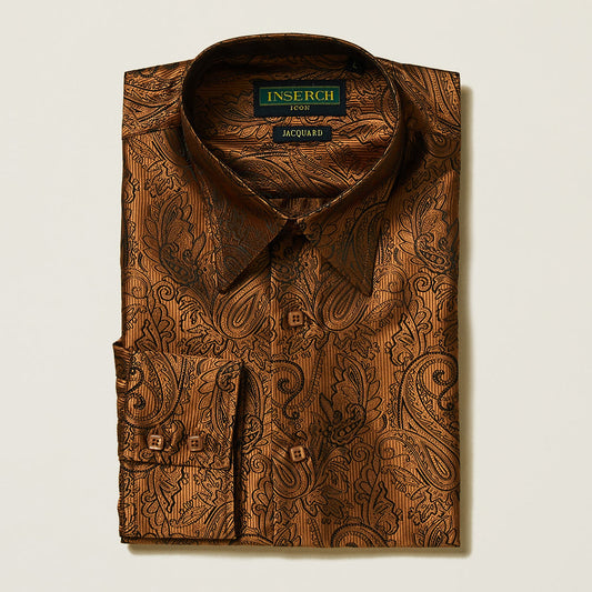 The Inserch Long Sleeve Paisley Jacquard Shirt LS005-05 in caramel features a pointed collar, buttoned cuffs, and brand label inside the collar, offering timeless style in a classic regular fit.