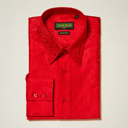 The Inserch Long Sleeve Paisley Jacquard Shirt LS005-30 Red features a collar, buttoned cuffs, and paisley jacquard design. Labeled "Inserch," it offers a regular fit for stylish comfort.