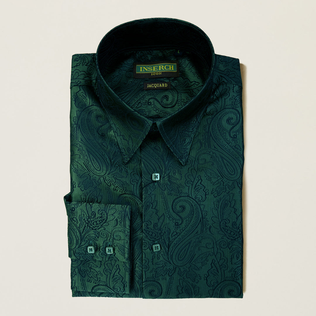 The Inserch Long Sleeve Paisley Jacquard Shirt LS005-52 Pine is a regular fit dark green shirt with French cuffs, an elegant paisley jacquard pattern, and a label marked "INSERCH 100% Jacquard.