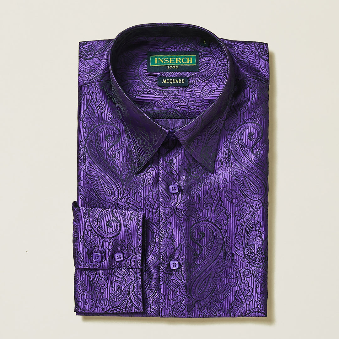 The Inserch Long Sleeve Paisley Jacquard Shirt LS005-126 Purple features a shiny purple fabric, regular fit, paisley pattern, and is labeled "Inserch" on the inside collar.