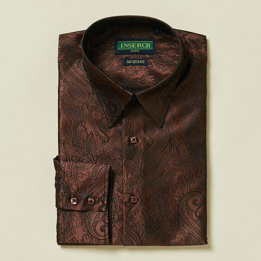 The Inserch Long Sleeve Paisley Jacquard Shirt LS005-131 in Swiss Chocolate is a neatly folded, regular fit shirt with a dark brown pattern and label reading "Inserch 100% Jacquard.