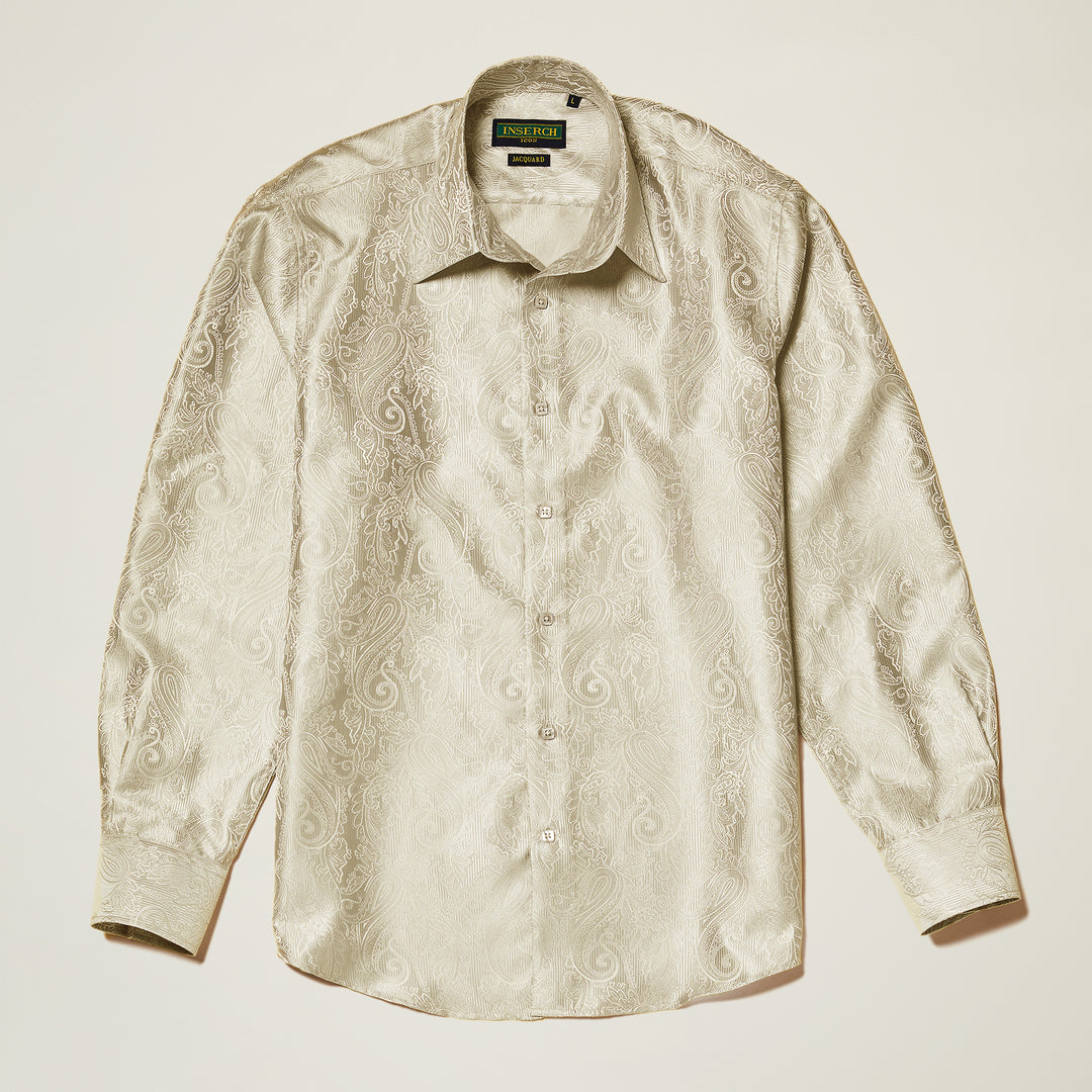 The Inserch Long Sleeve Paisley Jacquard Shirt LS005-134 Bone features a light-colored paisley pattern, button-down front, and spread collar, shown laid flat on a plain background.