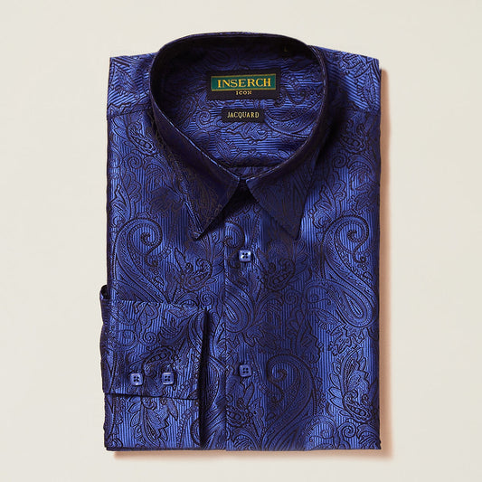 The Inserch Long Sleeve Paisley Jacquard Shirt LS005-160 in Deep Sea Blue features a refined paisley pattern and crisp details, offering a regular fit that's perfect for any occasion.