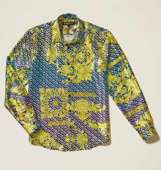 The Inserch LS Grecian Print Shirt LS053-00066 Multi features long sleeves, a button-up front, and an ornate gold and yellow baroque pattern over black and white geometric designs with blue and purple gradients, finished with pearlized buttons.