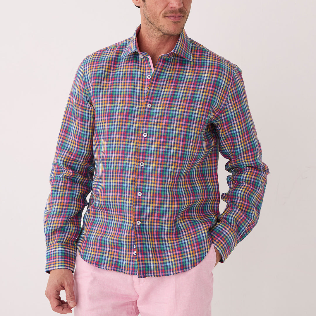A man wears the Inserch LS Linen Gingham Shirt LS2917-00066 Multi and light pink pants, standing against a plain light background.