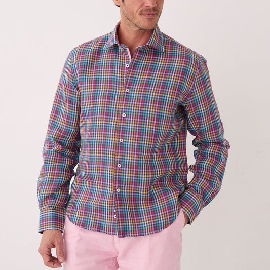 A man wears the Inserch LS Linen Gingham Shirt LS2917-00066 Multi and light pink pants, standing against a plain light background.