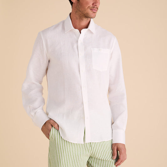 A model wearing the Inserch Long Sleeve Modern Fit Linen Shirt LS880-00002 White and green striped pants is posed against a beige backdrop, highlighting the elegance of premium European linen.