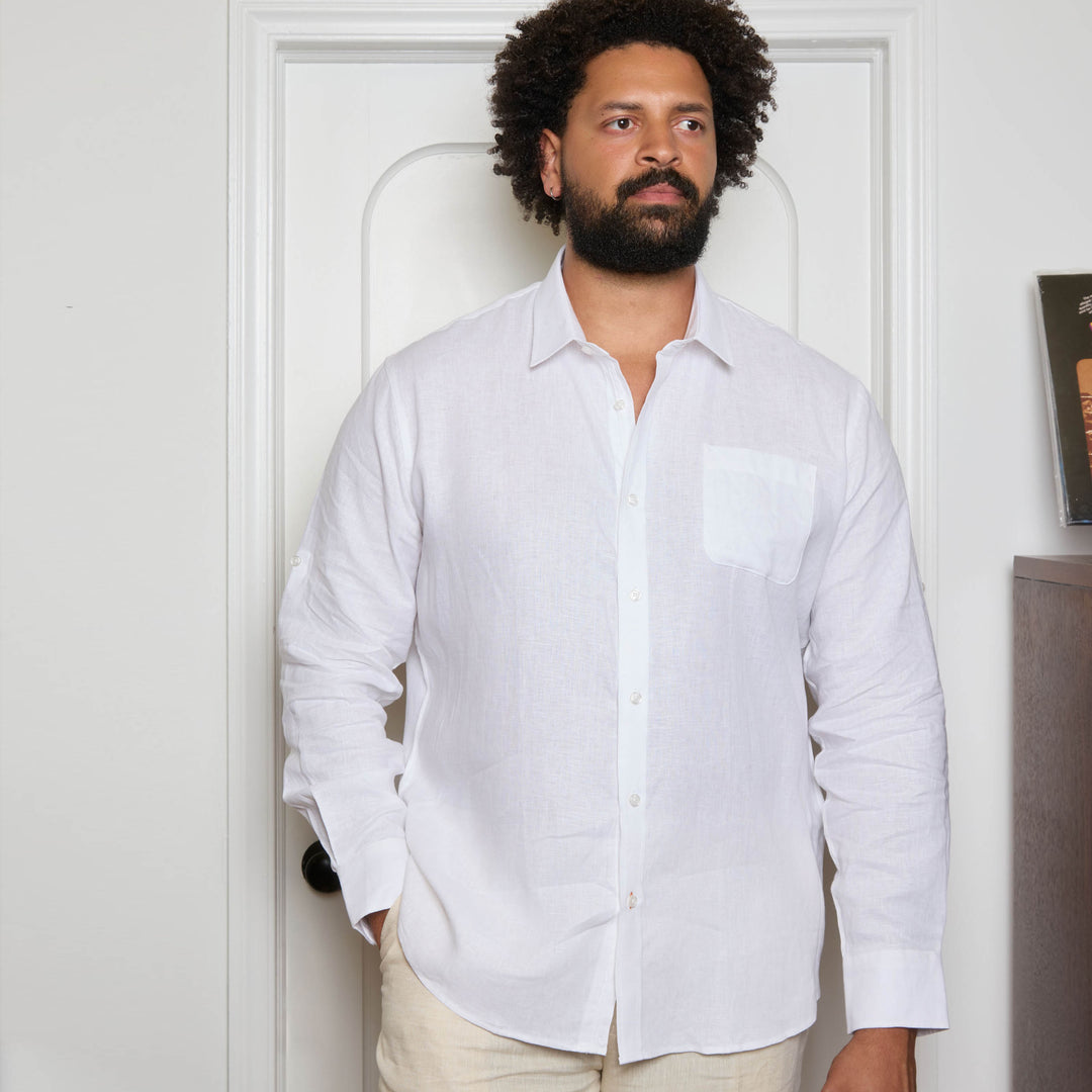 A man wears the Inserch Long Sleeve Modern Fit Linen Shirt LS881-00002 in white, featuring a chest pocket, paired with green-and-white striped pants against a beige background.
