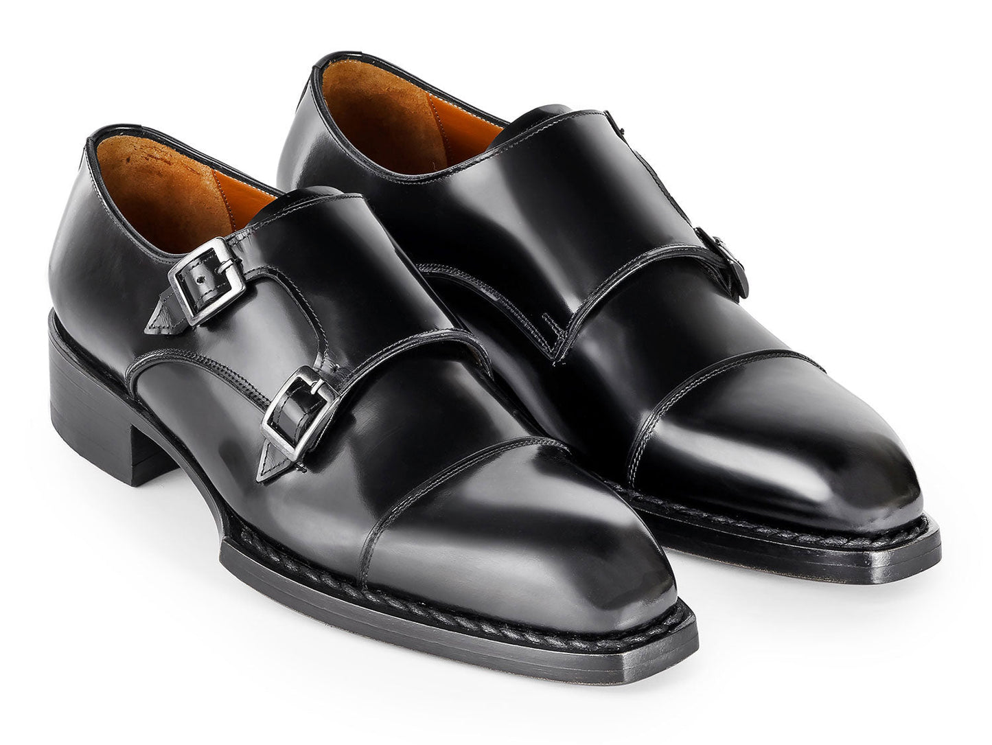 Paul Parkman Triple Leather Sole Hand-Welted Cap Toe Monkstraps Black - LX75MNK men's shoes in polished black leather, featuring elegant monk straps, shown on a white background.