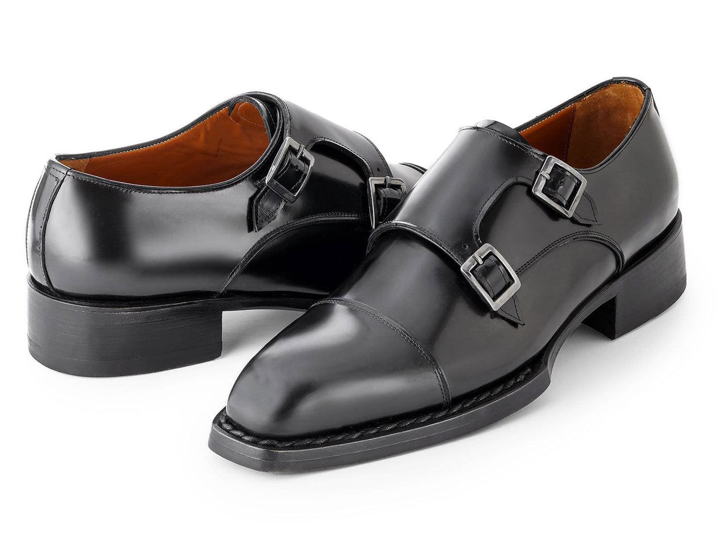 Paul Parkman Triple Leather Sole Hand-Welted Cap Toe Monkstraps Black - LX75MNK men's shoes in polished black leather, featuring elegant monk straps, shown on a white background.