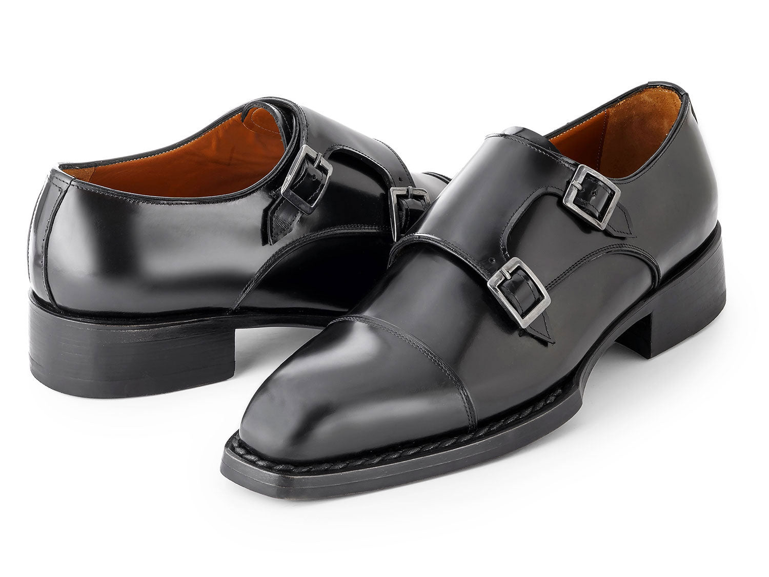 Paul Parkman Triple Leather Sole Hand-Welted Cap Toe Monkstraps Black - LX75MNK men's shoes in polished black leather, featuring elegant monk straps, shown on a white background.