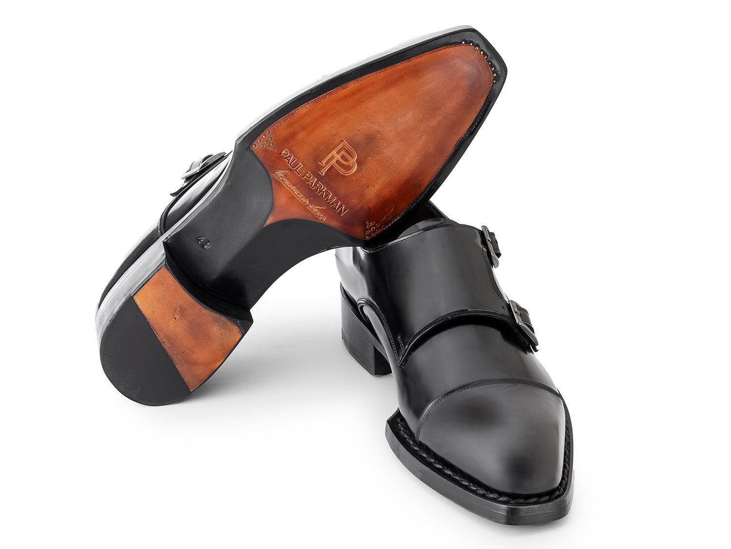 Paul Parkman Triple Leather Sole Hand-Welted Cap Toe Monkstraps Black - LX75MNK men's shoes in polished black leather, featuring elegant monk straps, shown on a white background.
