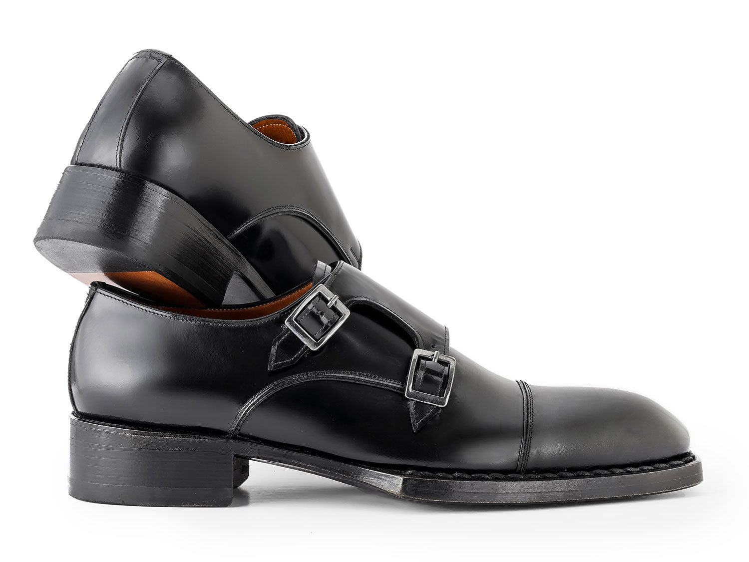 Paul Parkman Triple Leather Sole Hand-Welted Cap Toe Monkstraps Black - LX75MNK men's shoes in polished black leather, featuring elegant monk straps, shown on a white background.