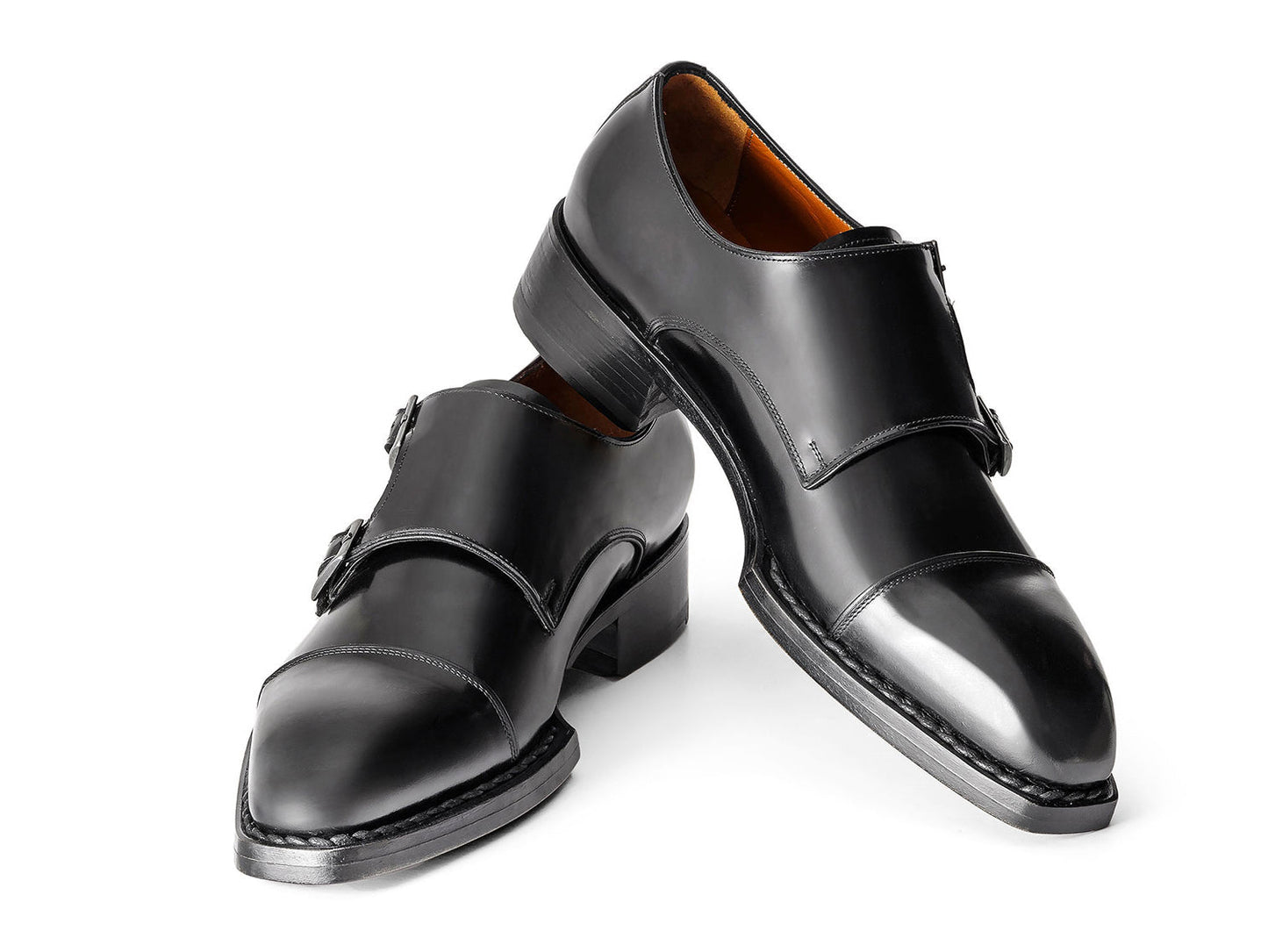 Paul Parkman Triple Leather Sole Hand-Welted Cap Toe Monkstraps Black - LX75MNK men's shoes in polished black leather, featuring elegant monk straps, shown on a white background.