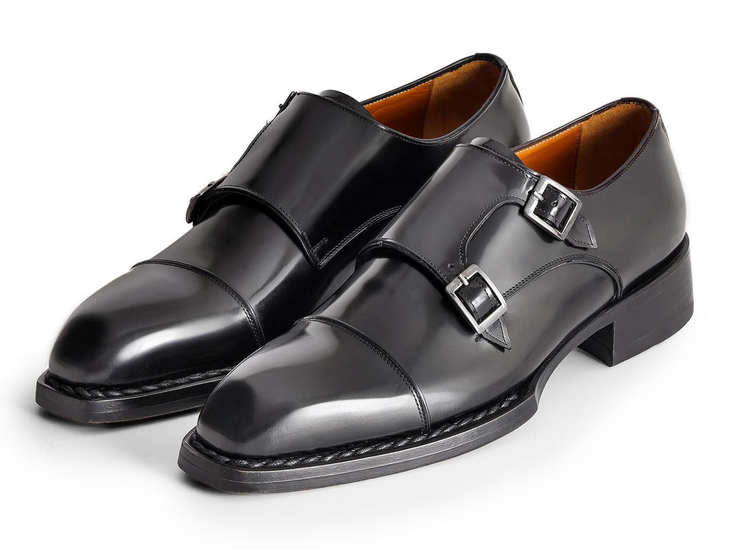 Paul Parkman Triple Leather Sole Hand-Welted Cap Toe Monkstraps Black - LX75MNK men's shoes in polished black leather, featuring elegant monk straps, shown on a white background.
