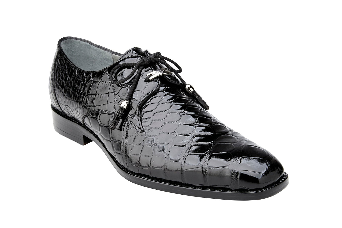 The BELVEDERE Lago Genuine American Alligator Dress Shoe (Black, 14010) is a black men's lace-up with a glossy finish and low heel, shown in side profile against a white background.