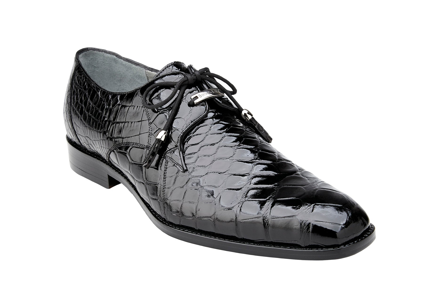 The BELVEDERE Lago Genuine American Alligator Dress Shoe (Black, 14010) is a black men's lace-up with a glossy finish and low heel, shown in side profile against a white background.