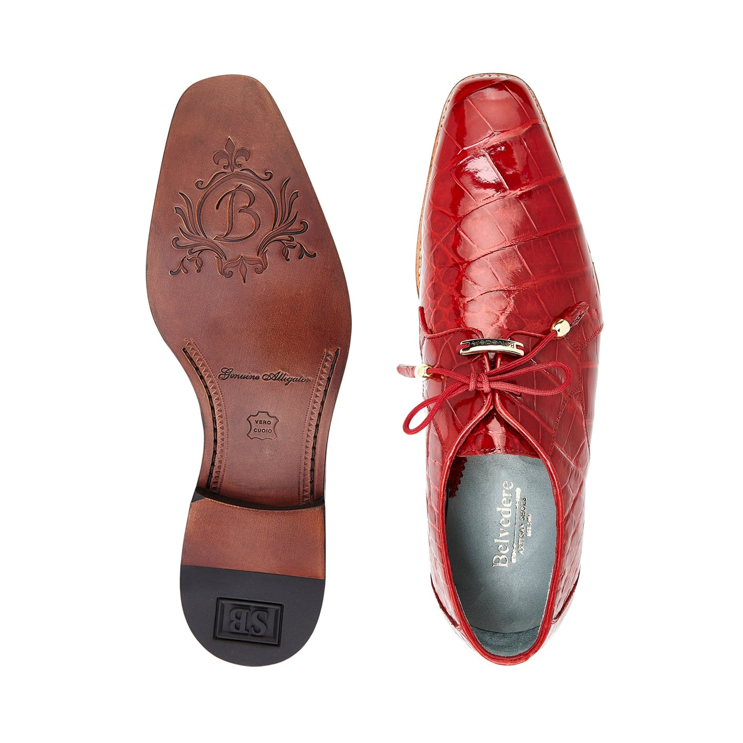 The BELVEDERE Belvedere - Lago, Genuine American Alligator Dress Shoe in red (14010) features a crocodile pattern, tassel laces, and a low wooden heel—an elegant side-profile addition to any menswear collection.