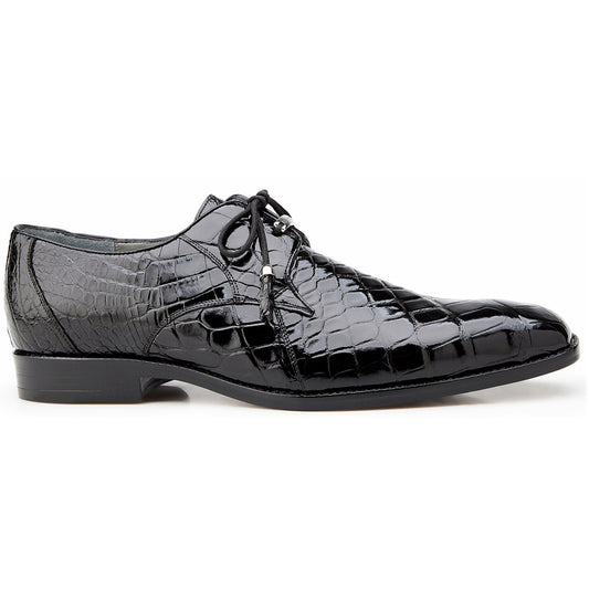 The BELVEDERE Lago Genuine American Alligator Dress Shoe (Black, 14010) is a black men's lace-up with a glossy finish and low heel, shown in side profile against a white background.